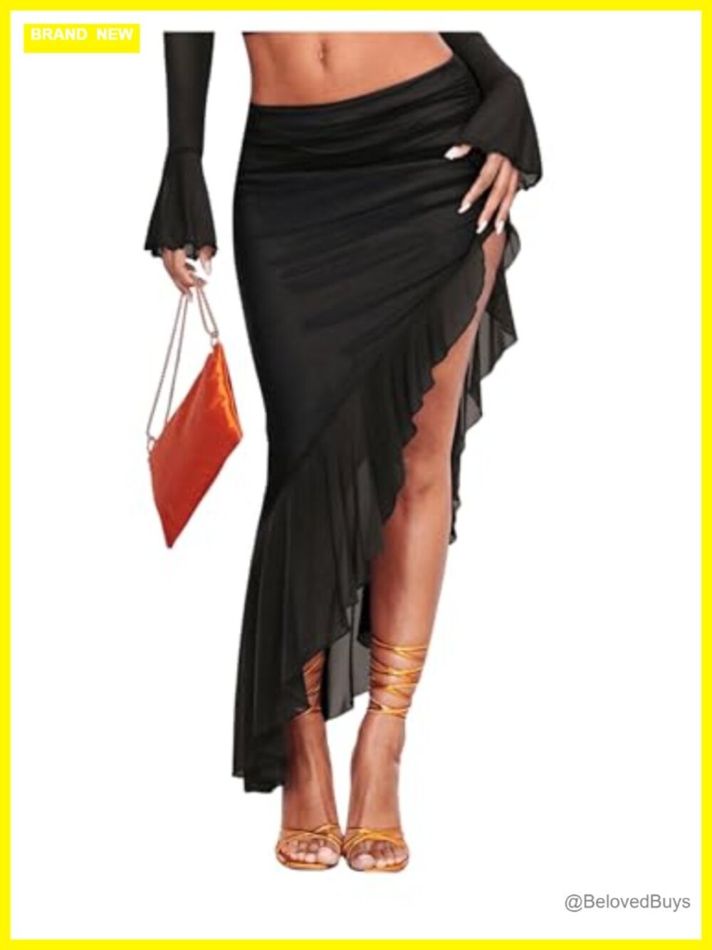 Asymmetrical High Slit Mesh Long Bodycon Maxi Skirt Ruffle Hem Ruched Flowy